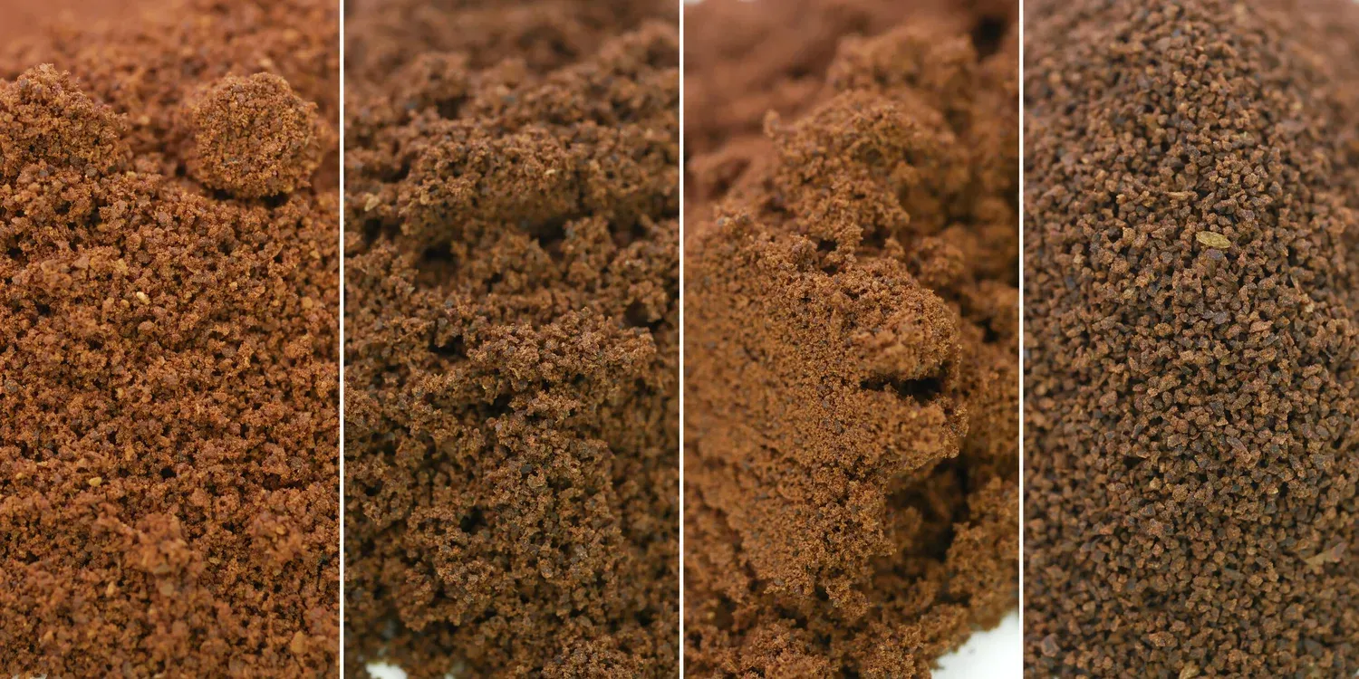  (from left to right) Fresh Coffee Grounds, Spent Coffee Grounds, Sieved Coffee Grounds (60 mesh) & Leftovers from sieving 
