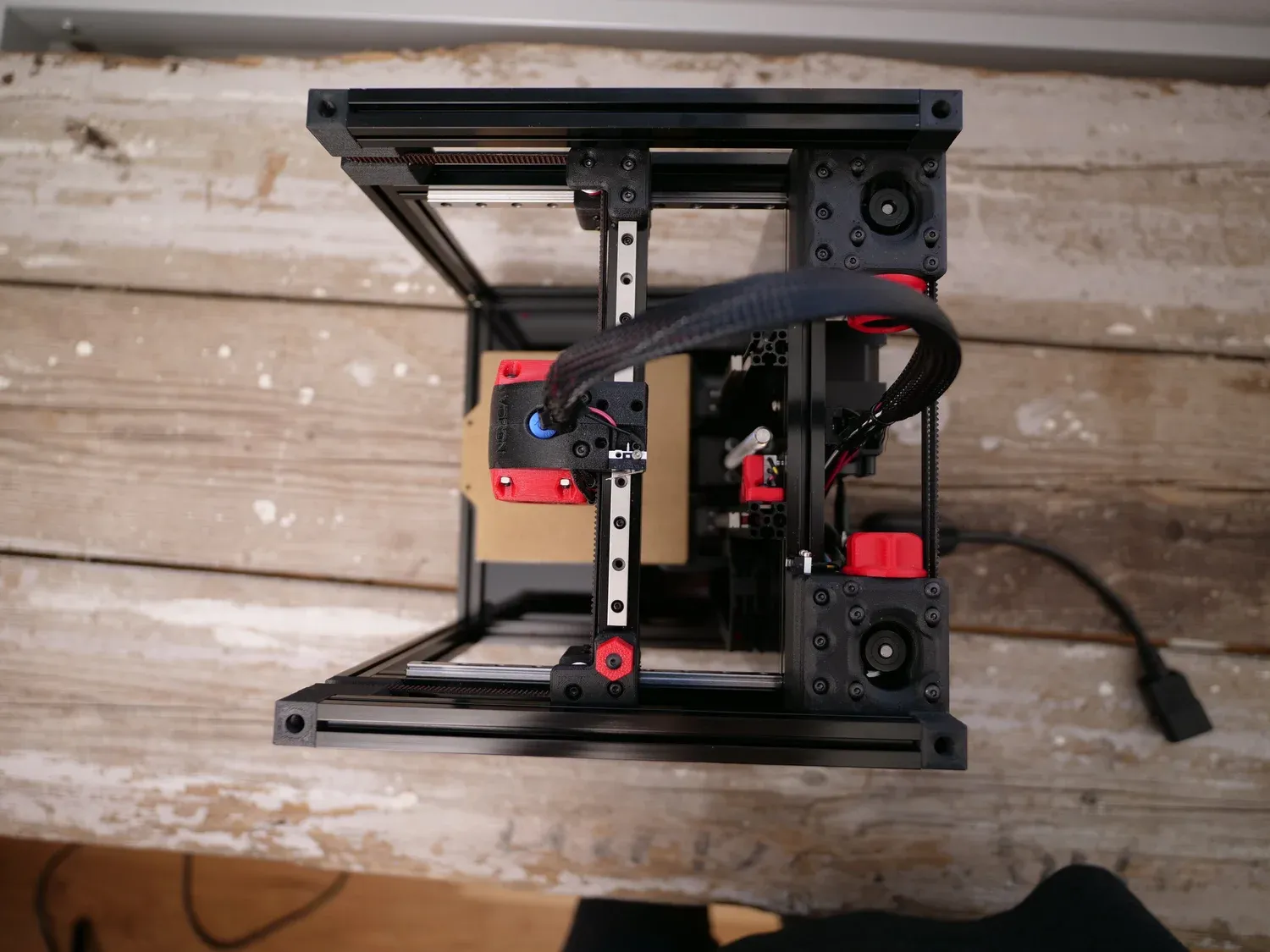 Looking down into the build from above, onto the gantry and printhead
