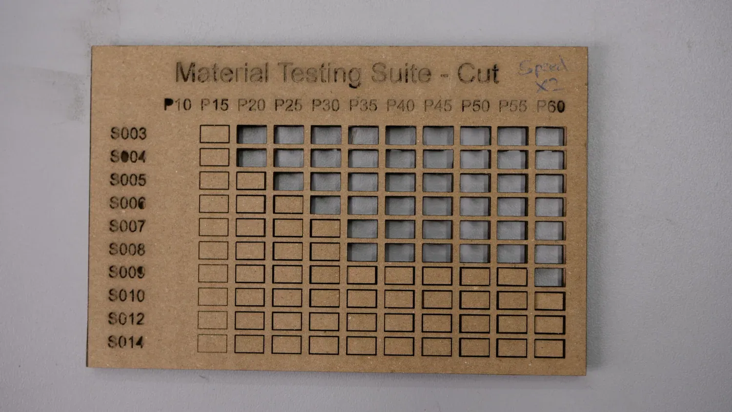 Brown fibreboard marked Speed x2, cut through in the fastest rows and only scored lower down