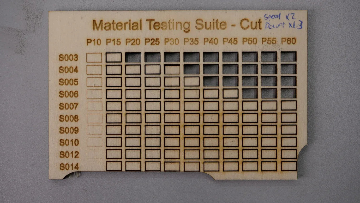 Plywood marked Speed x2, Power x1.3, cut only in the upper right corner of the grid