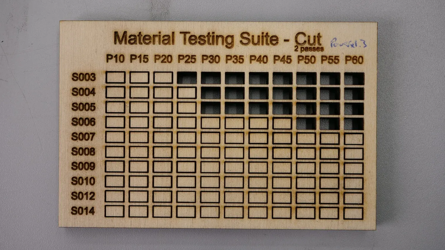Plywood with 2 passes and Power x1.3, cut cleanly across the top four rows