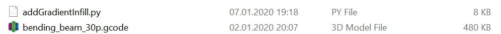 A folder holding just two files, addGradientInfill.py and the unprocessed bending_beam_30p.gcode