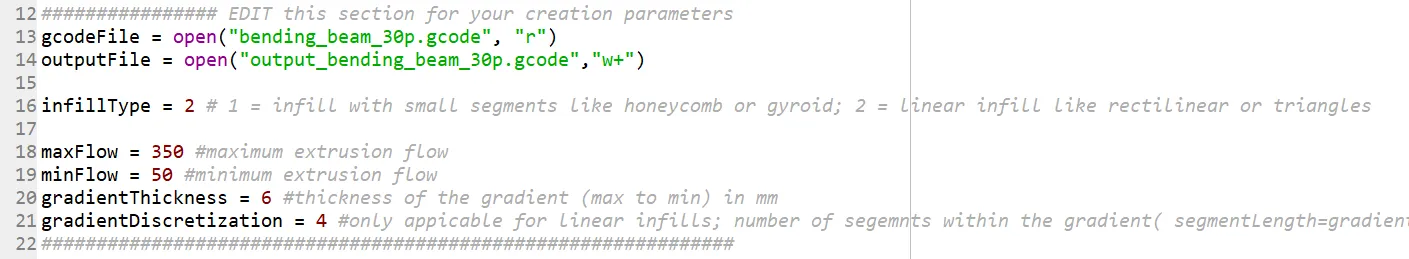 The script's parameter block: gcodeFile and outputFile, infillType 2 for linear infill, maxFlow 350, minFlow 50, gradientThickness 6 mm and gradientDiscretization 4