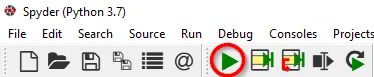 The Spyder toolbar with the green run button circled