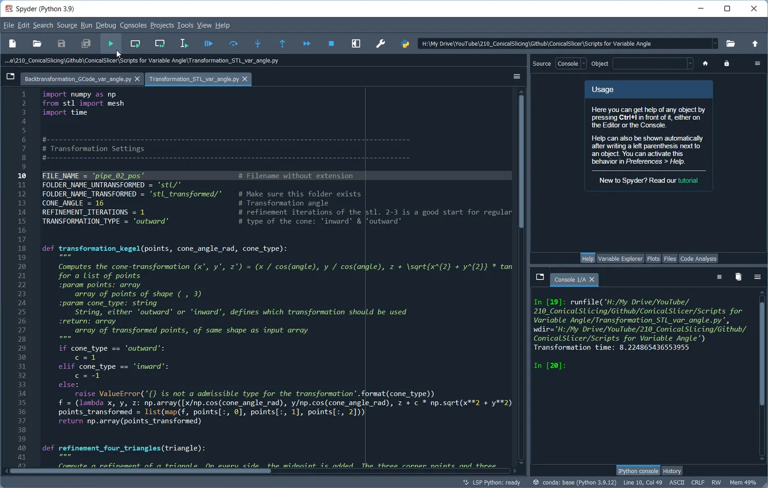 The transformation script in Spyder, with FILE_NAME, CONE_ANGLE 16, one refinement iteration and the outward cone type set at the top