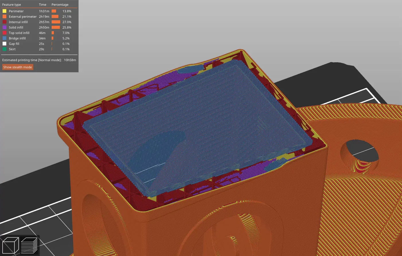 The same spot in the PrusaSlicer G-code viewer, the blue bridge infill making the layer easy to identify