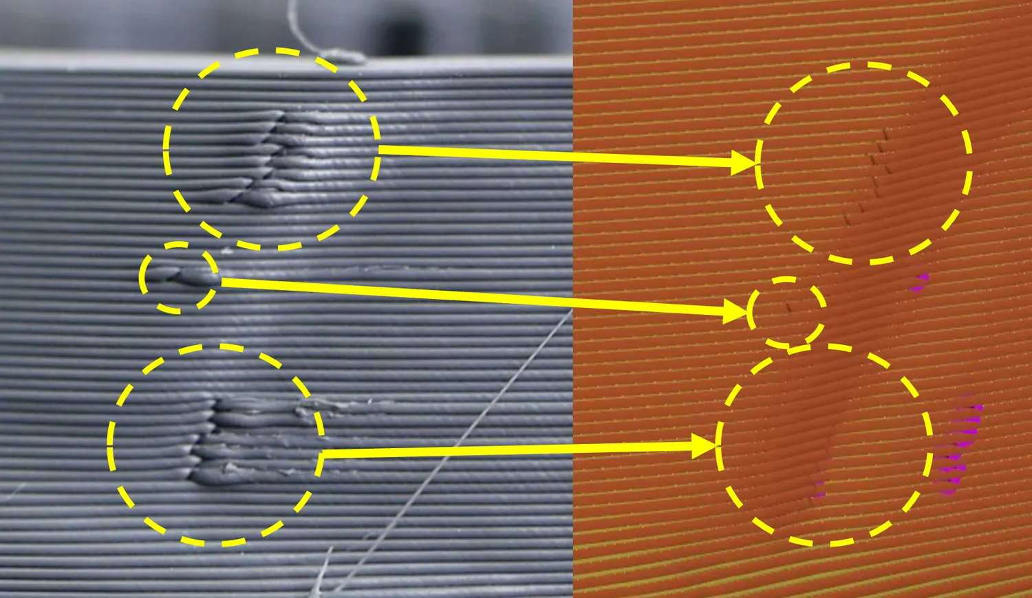 Features on print (left) and in the G-code viewer (right)