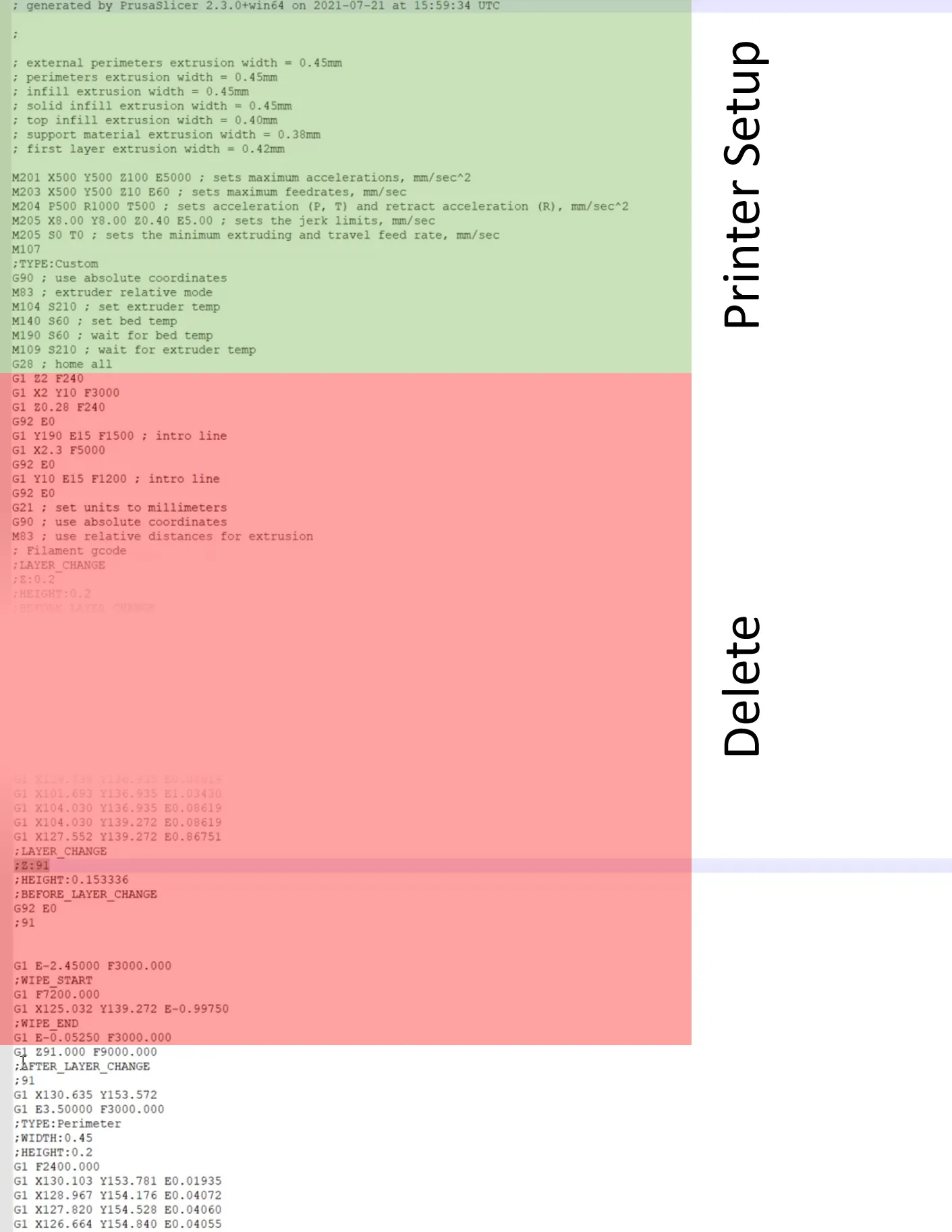 PrusaSlicer G-code with the printer setup block at the top marked keep and everything from the intro line down to the layer at ;Z:91 marked delete