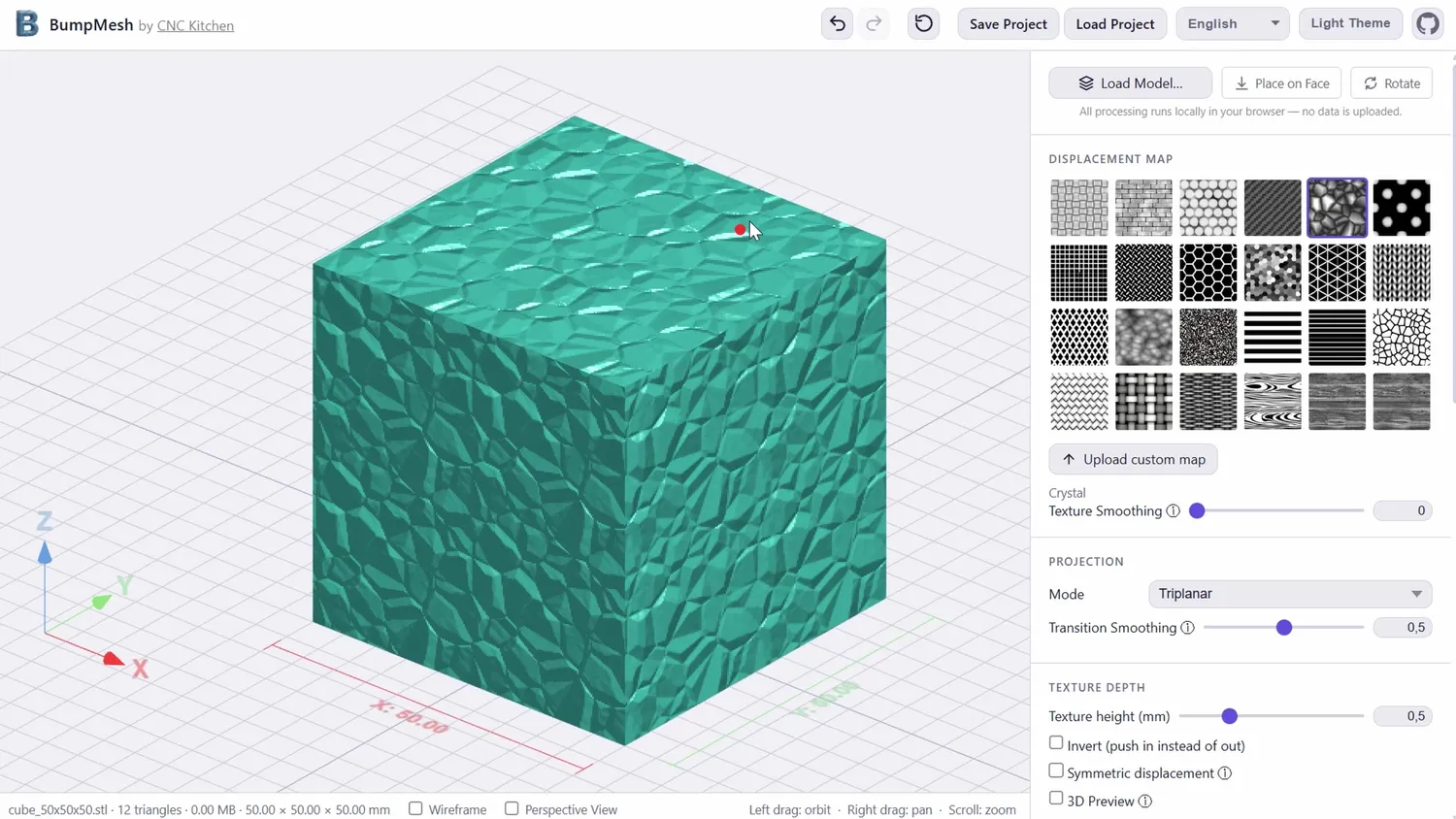 Crystal displacement texture applied to a cube in BumpMesh