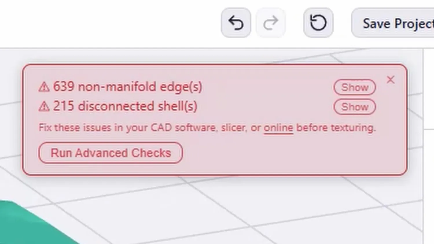 BumpMesh warning about 639 non-manifold edges and 215 disconnected shells