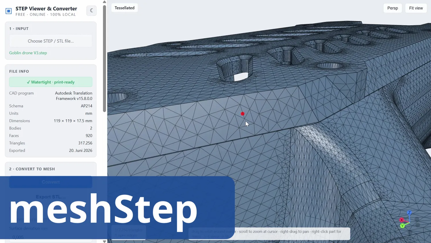 meshStep STEP viewer showing a watertight tessellated drone frame