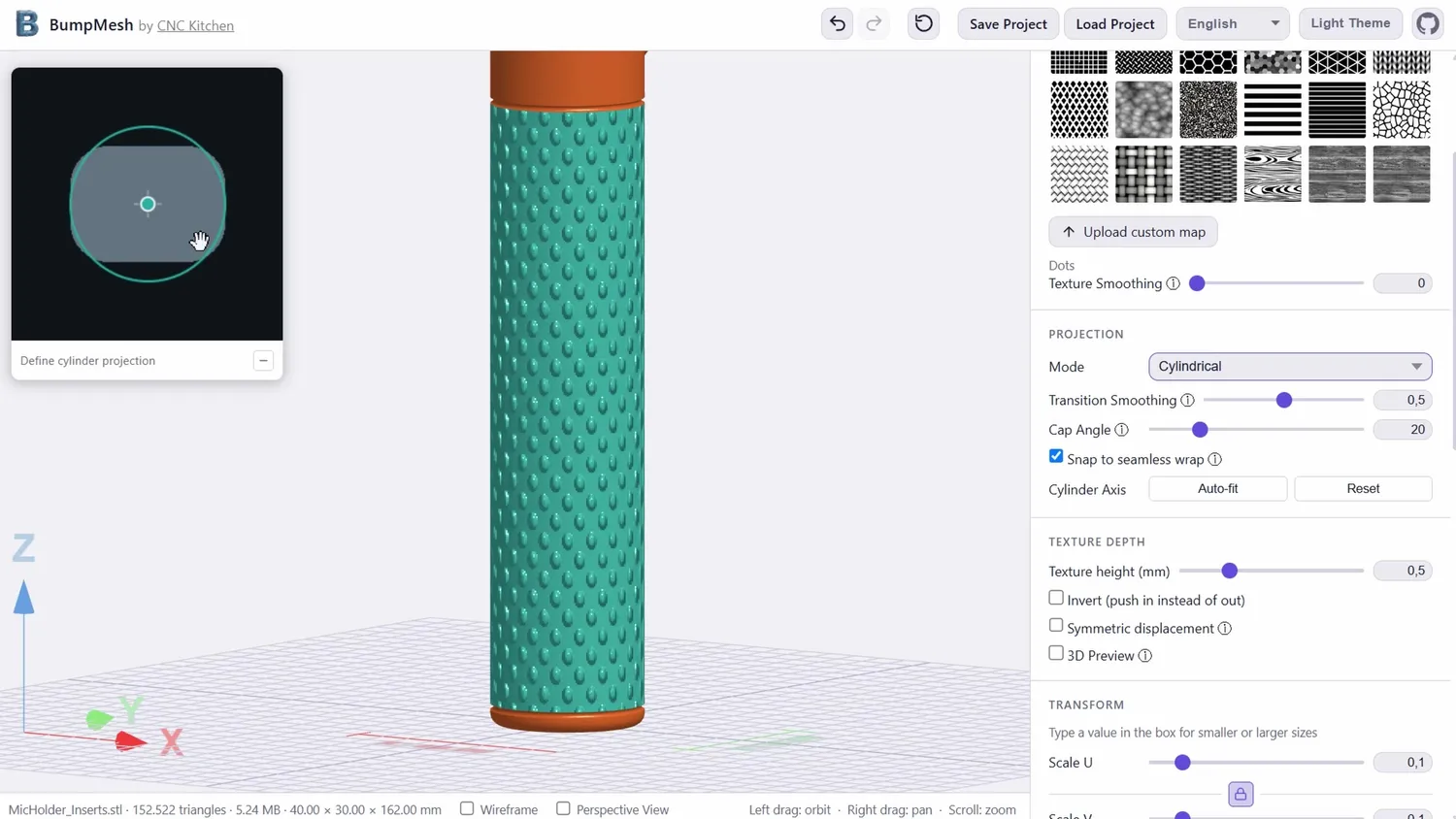 Cylindrical projection settings with snap to seamless wrap enabled in BumpMesh