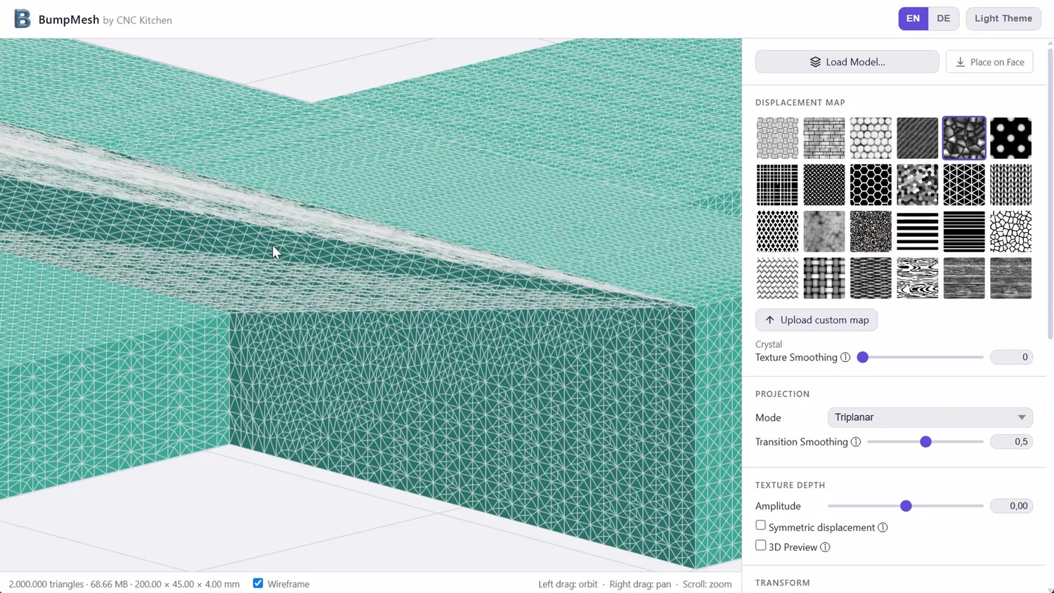 Wireframe of a mesh subdivided to two million triangles in BumpMesh