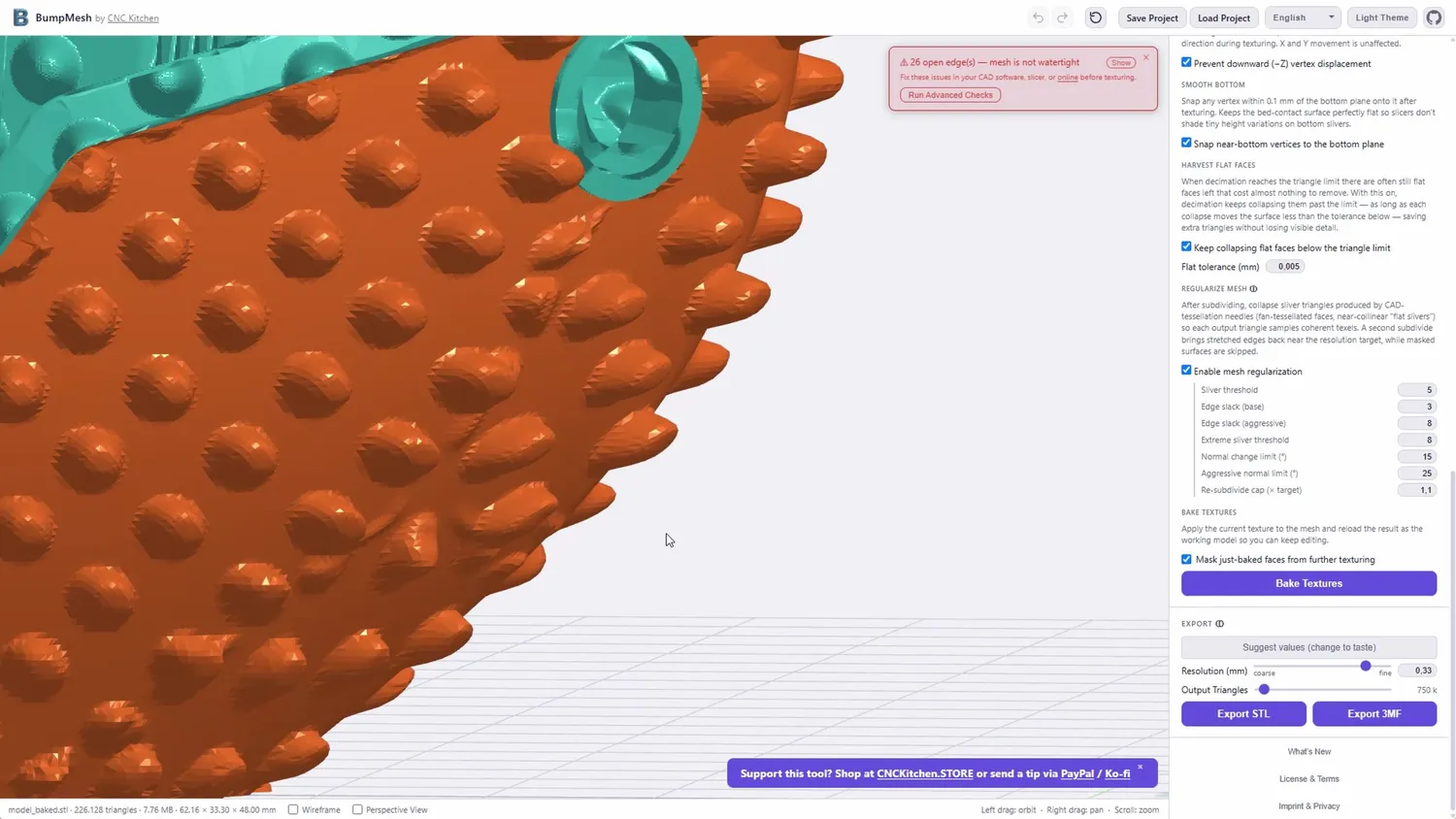 Overhang protection preventing downward texture displacement on a dotted surface