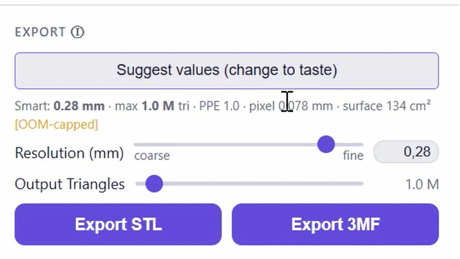 Export panel suggesting 0.28 mm resolution and one million triangles