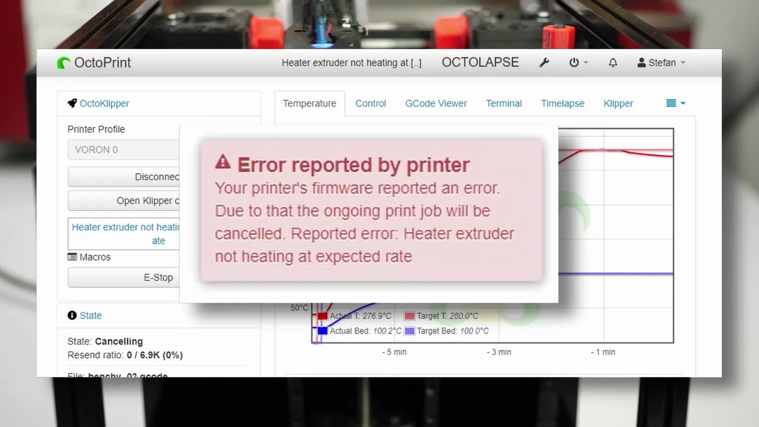 OctoPrint cancelling the print with a heater extruder not heating at expected rate error