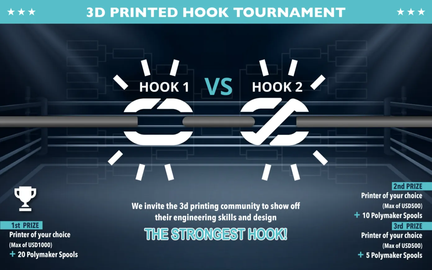 Polymaker's tournament poster: two chain links facing off in a boxing ring, with a printer worth up to 1000 dollars plus 20 spools for first place and $500 printers for second and third