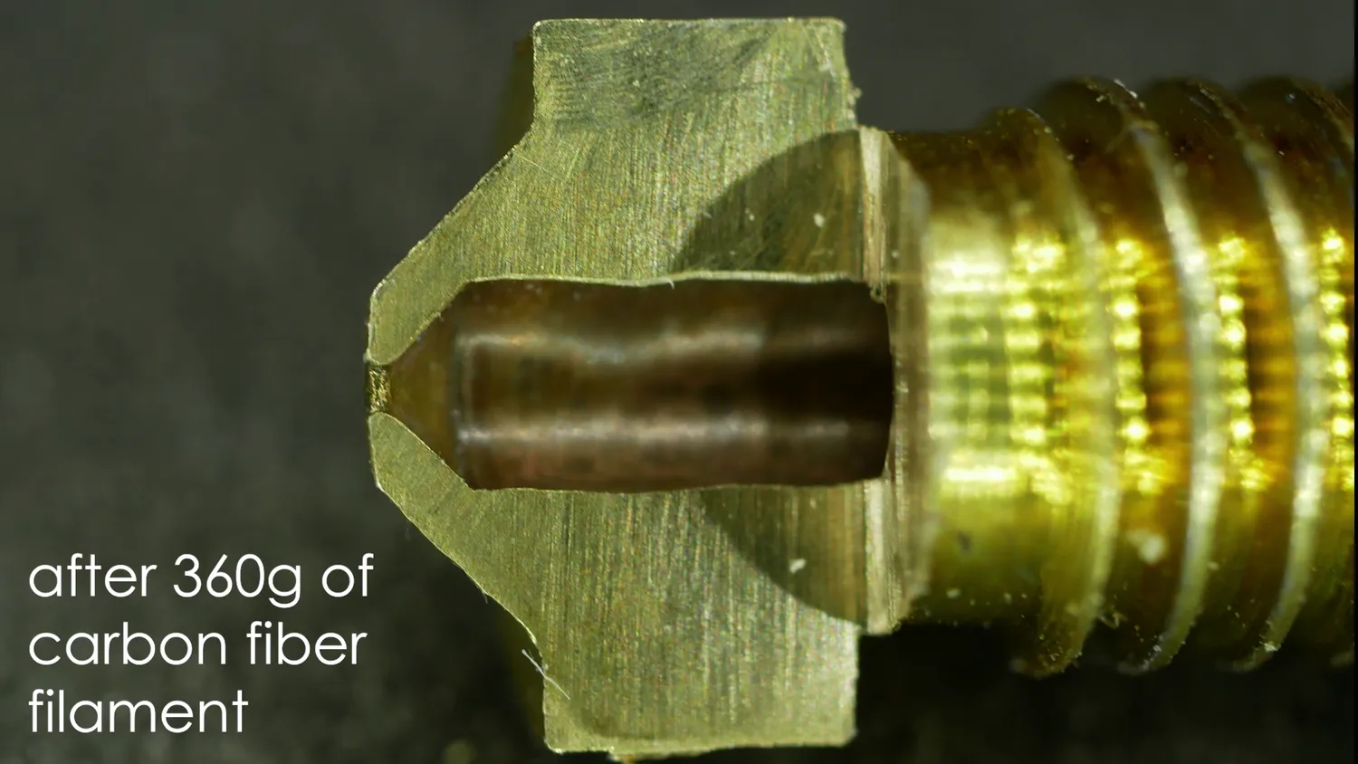 Brass nozzle after 360g of Carbon Fiber filament