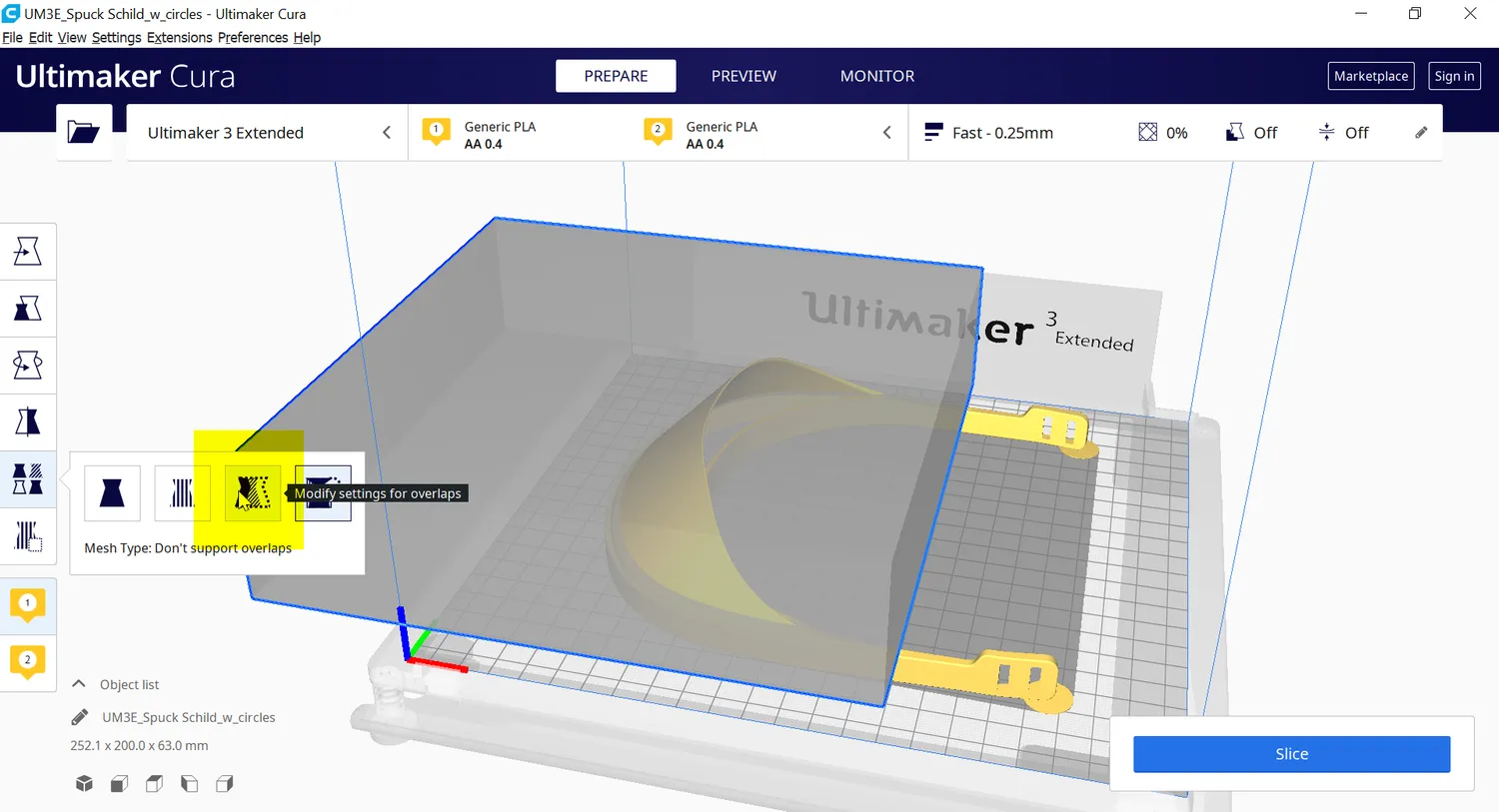 The Per Model Setting menu open on the Mesh Type row, with Modify settings for overlaps highlighted
