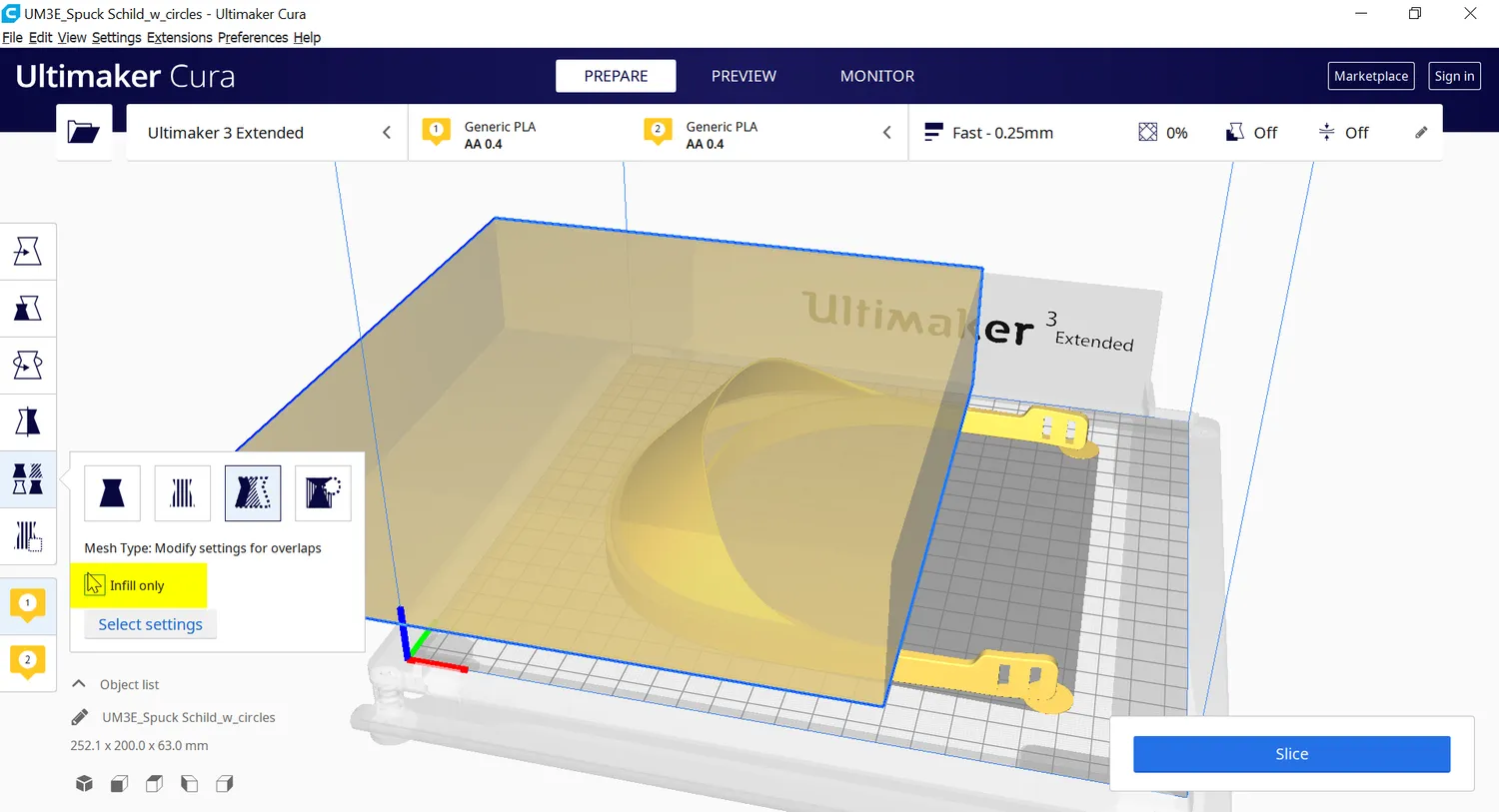 Mesh Type now Modify settings for overlaps, with the Infill only checkbox highlighted ready to be de-selected