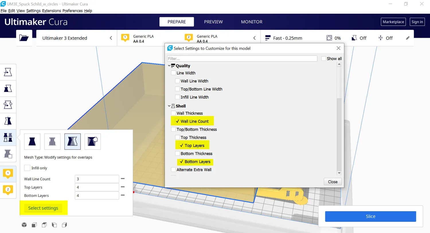 The Select Settings dialog with Wall Line Count, Top Layers and Bottom Layers ticked under Shell
