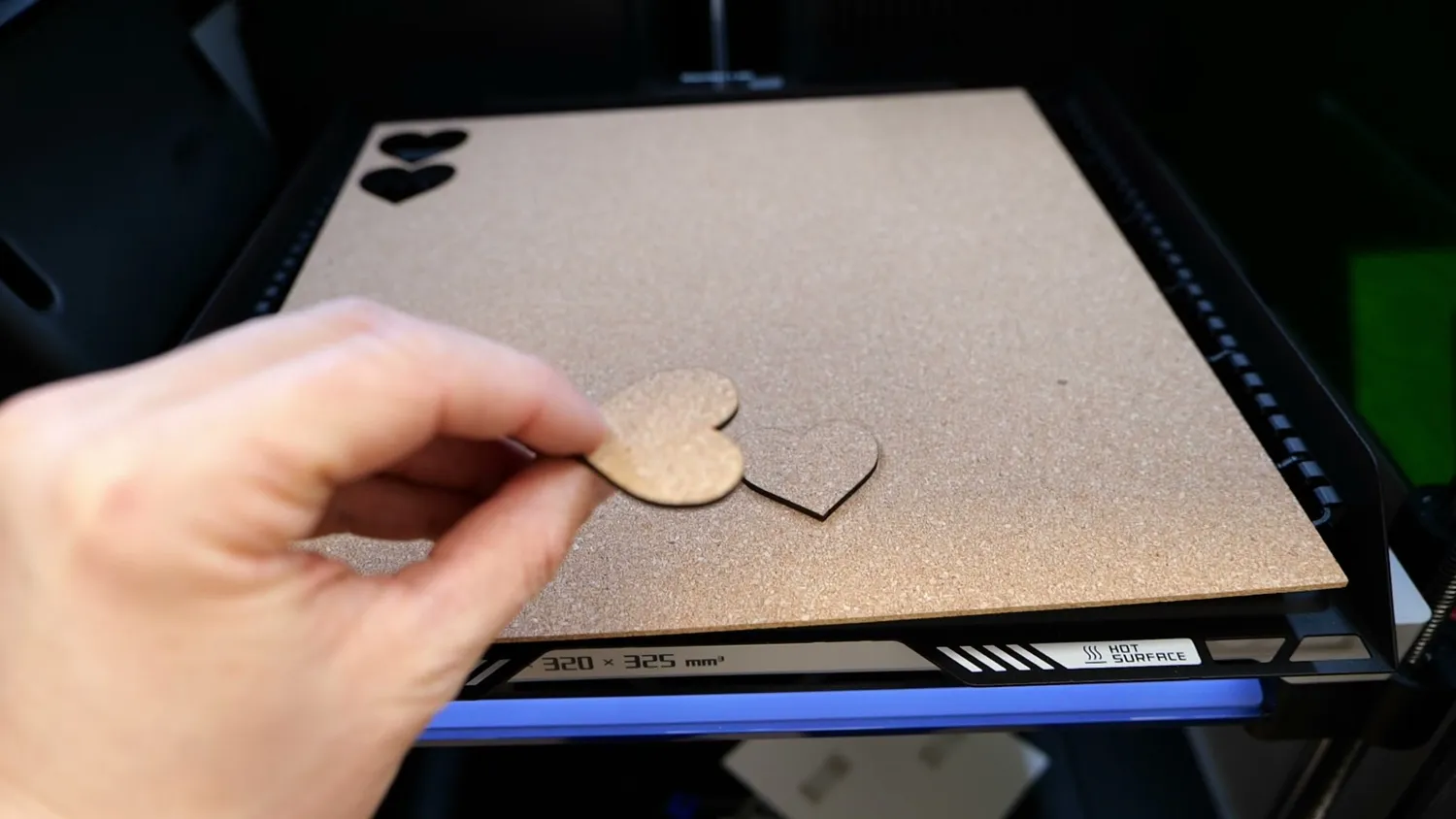 A heart cut out of thin wood with the laser of the Bambu Lab H2D