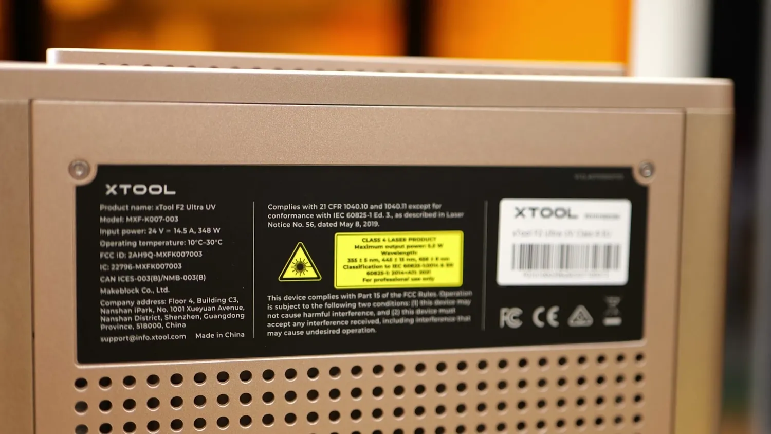 Rating plate of the xTool F2 Ultra UV showing Class 4 laser product and 355 nm wavelength