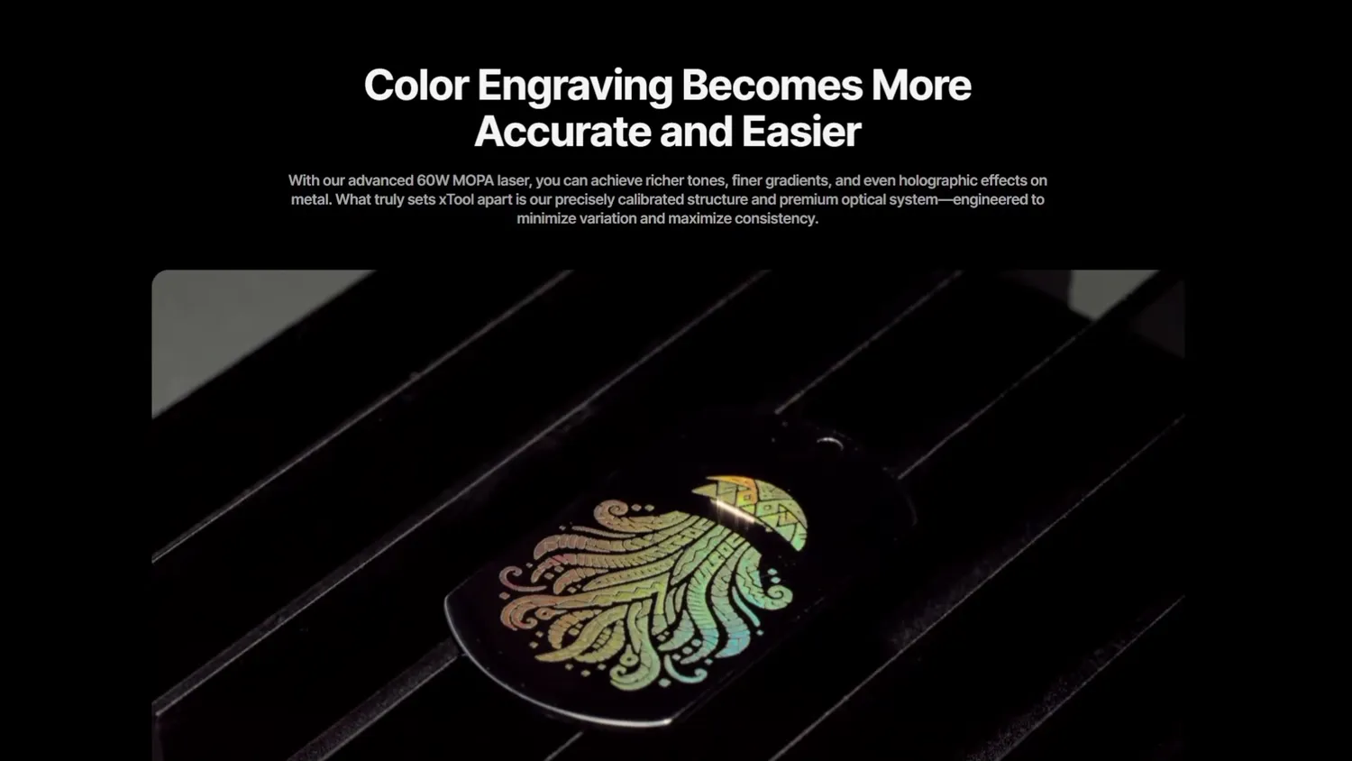 xTool marketing slide showing a full-color eagle engraved onto a black metal tag with a MOPA laser