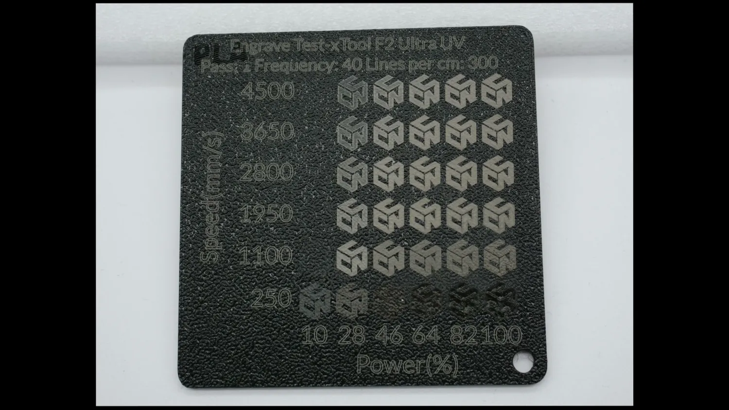 Black PLA test plate engraved with a grid of logos from 250 to 4500 mm/s and 10 to 100 percent power
