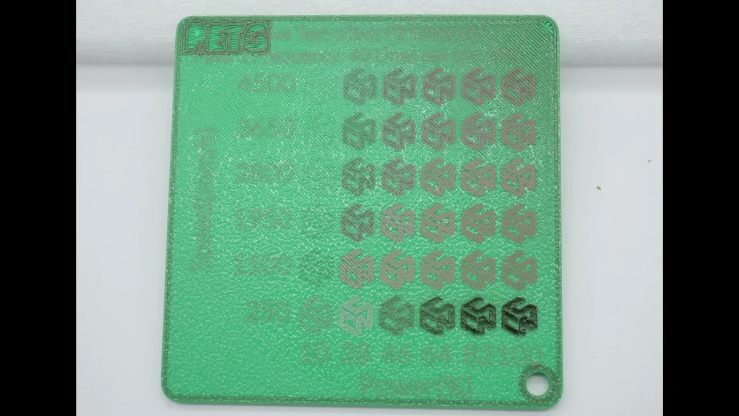 Green PETG test plate with a clean grid of UV marked CNC Kitchen logos