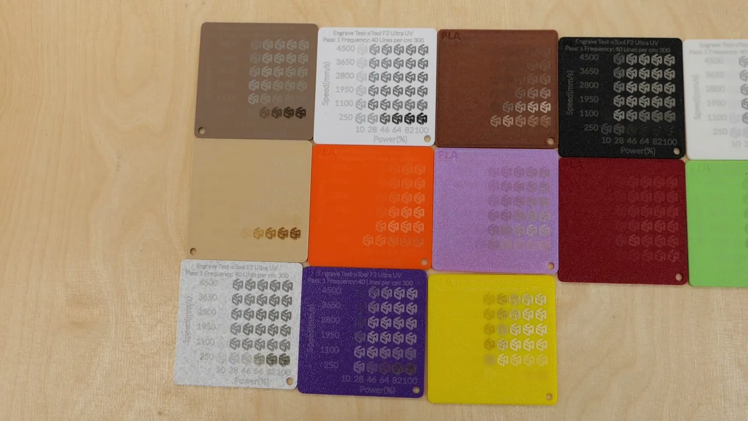 Thirteen marked test plates in different colors and materials laid out in a grid