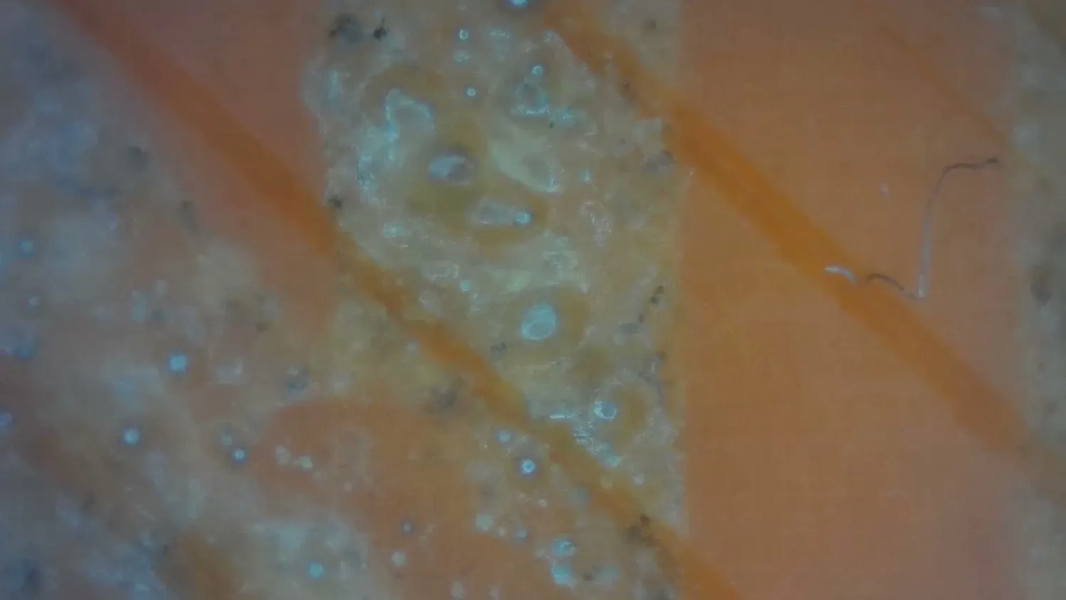 Microscope image of a MOPA marked sample with foamed material and dark char particles