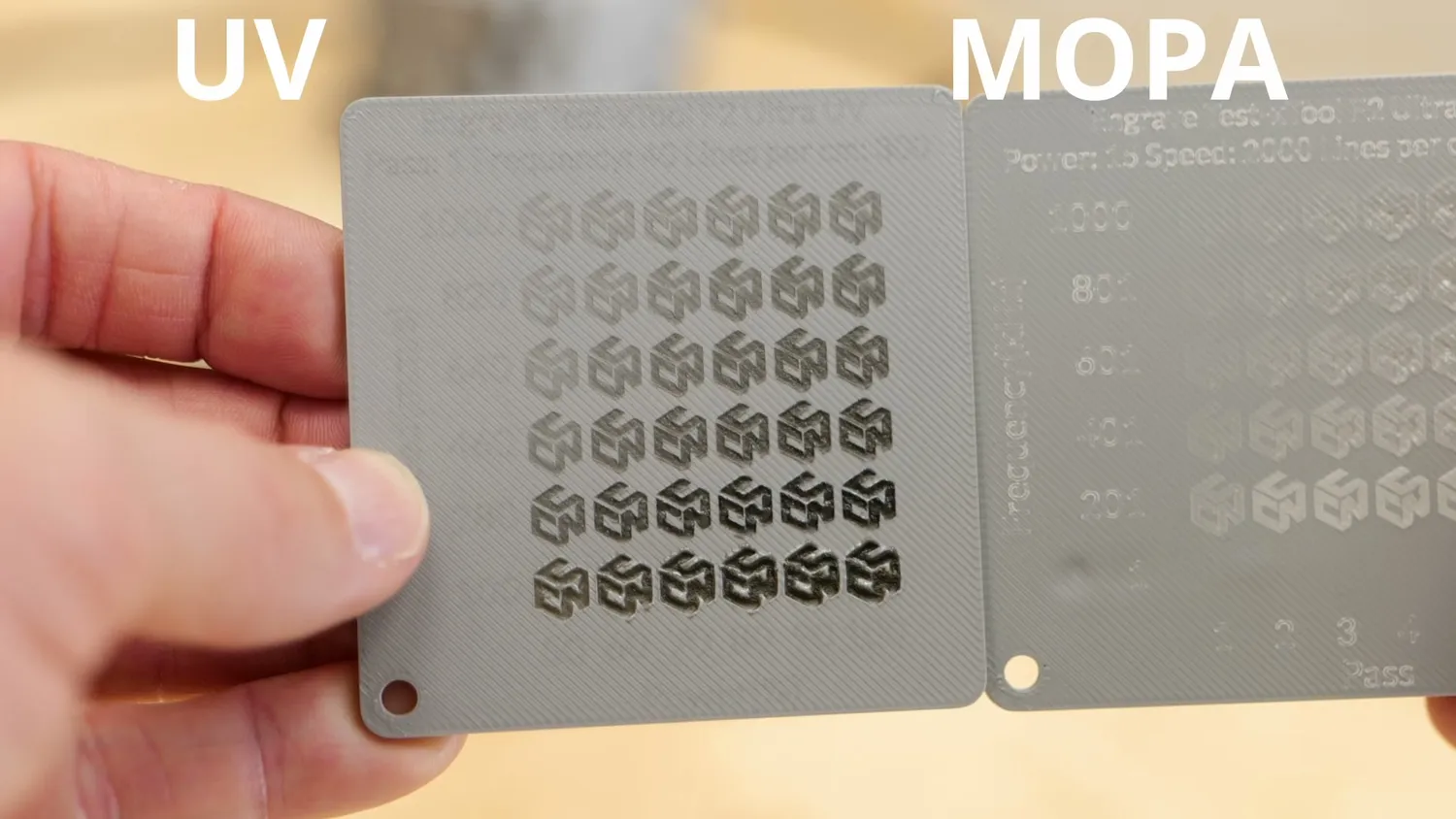 Refined UV and MOPA parameter grids on light grey PLA held next to each other
