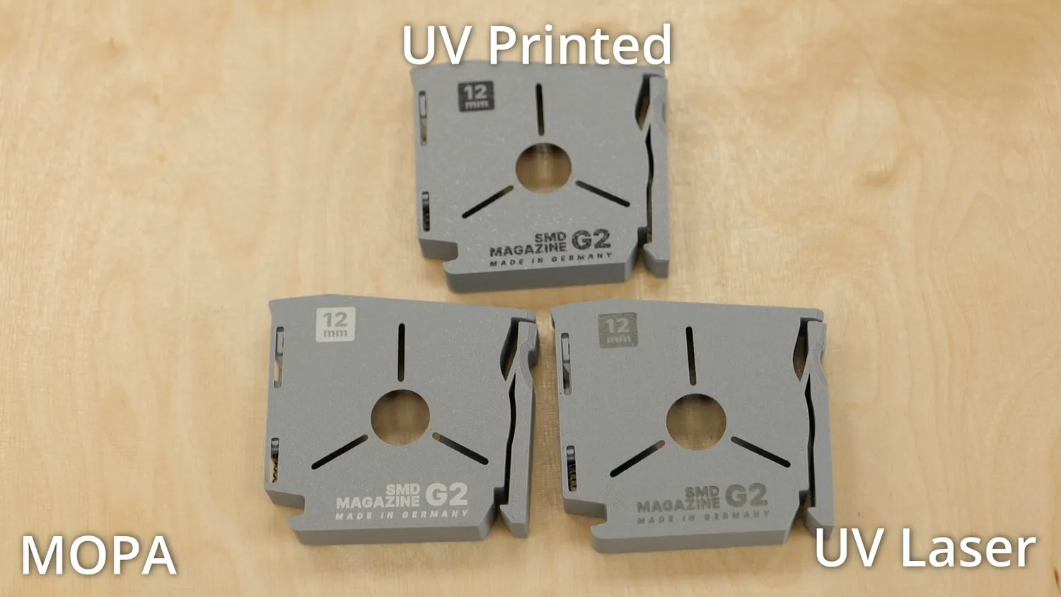 Three SMD magazines labeled UV printed, MOPA and UV laser for comparison