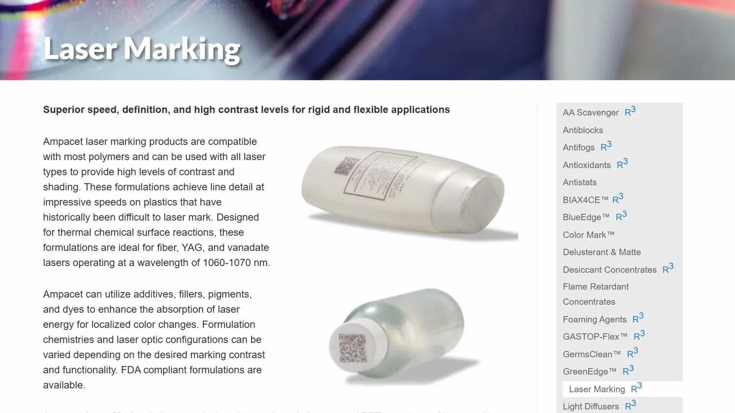 Ampacet product page for laser marking masterbatch additives for plastics