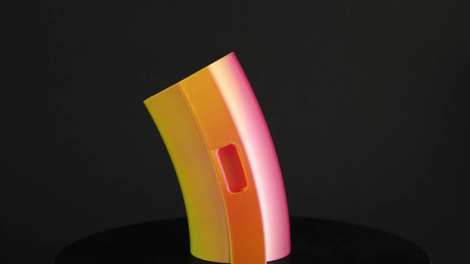 The finished bent pipe section in colour-shifting filament