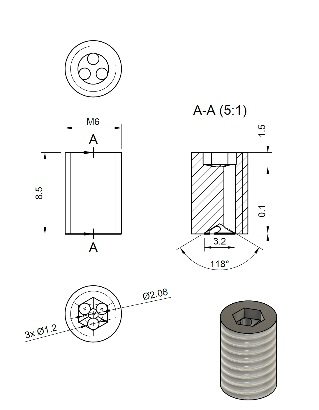 Drawing of the high-flow spacer: M6 by 8.5 mm with three 1.2 mm bores on a 2.08 mm circle and a 3.2 mm relief on the heat break side