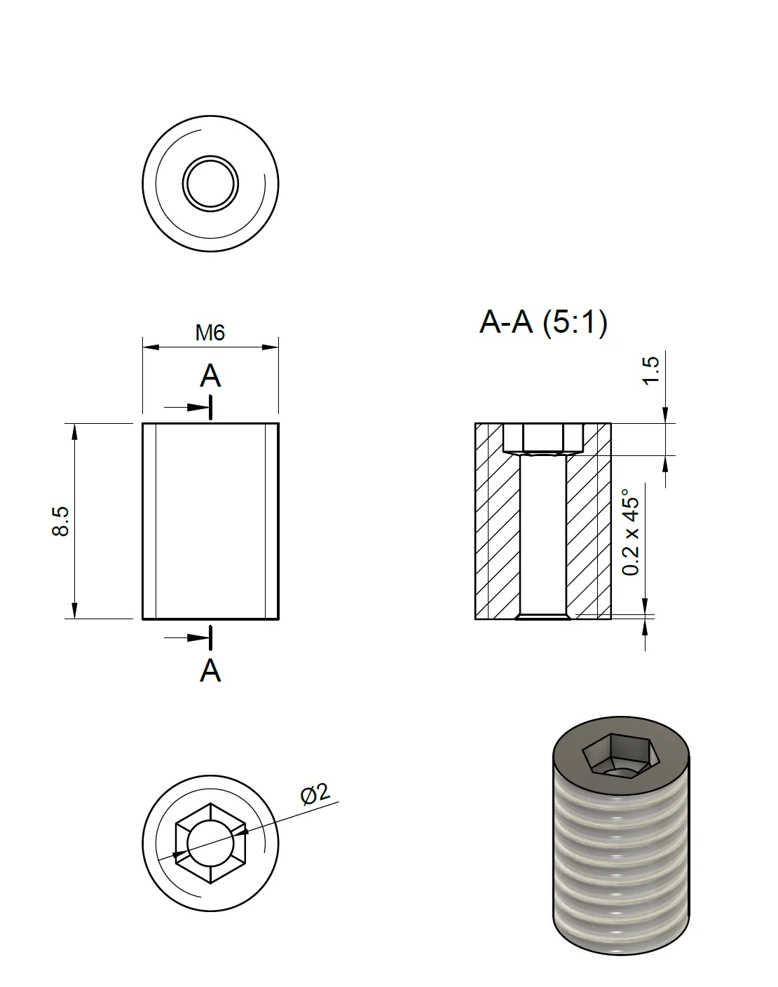 Drawing of the simple spacer: the same M6 by 8.5 mm body with a single 2 mm bore