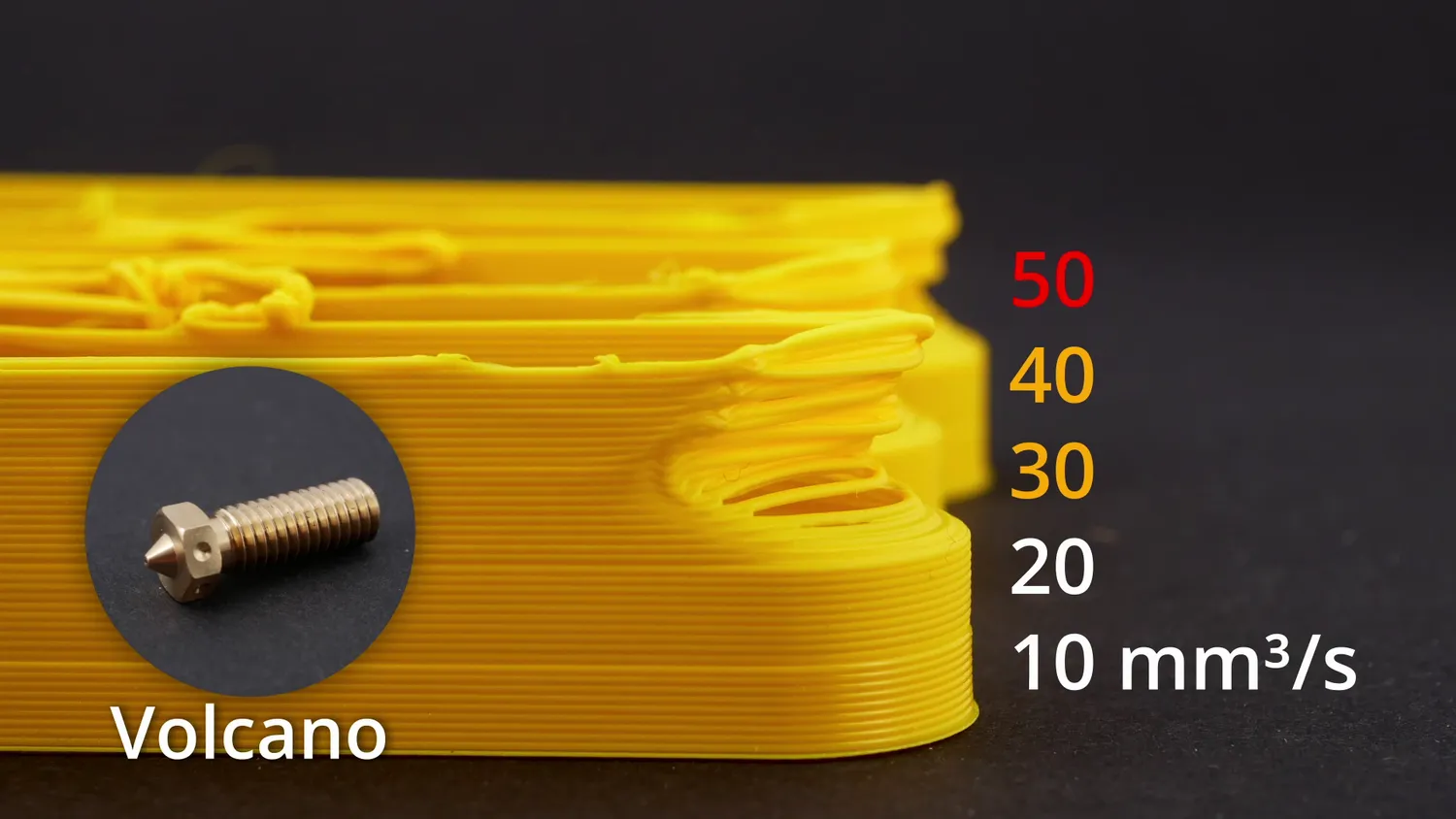 Volcano nozzle test part: clean to 20 mm³/s, deformed at 30 and collapsed into loops at 40 and 50