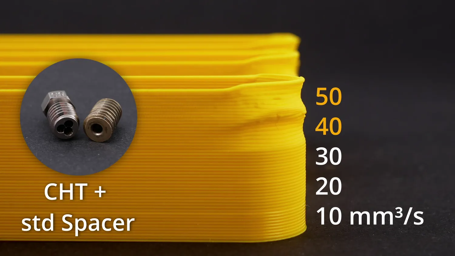 CHT plus standard spacer: clean to 30 mm³/s, with the top two steps starting to ripple