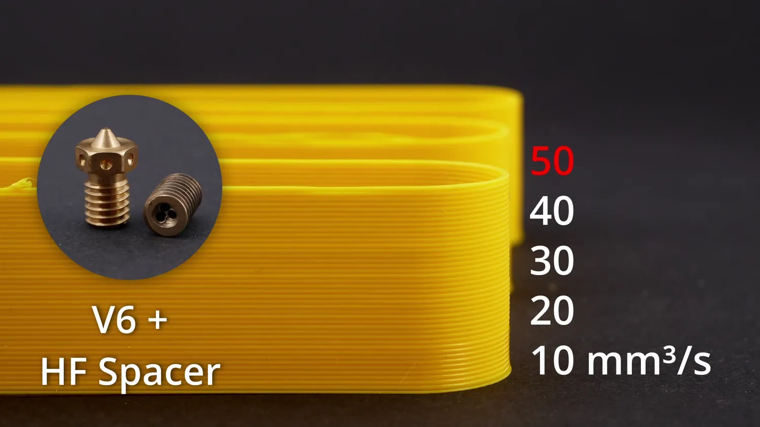 A plain V6 nozzle with the high-flow spacer, which also runs cleanly until 50 mm³/s