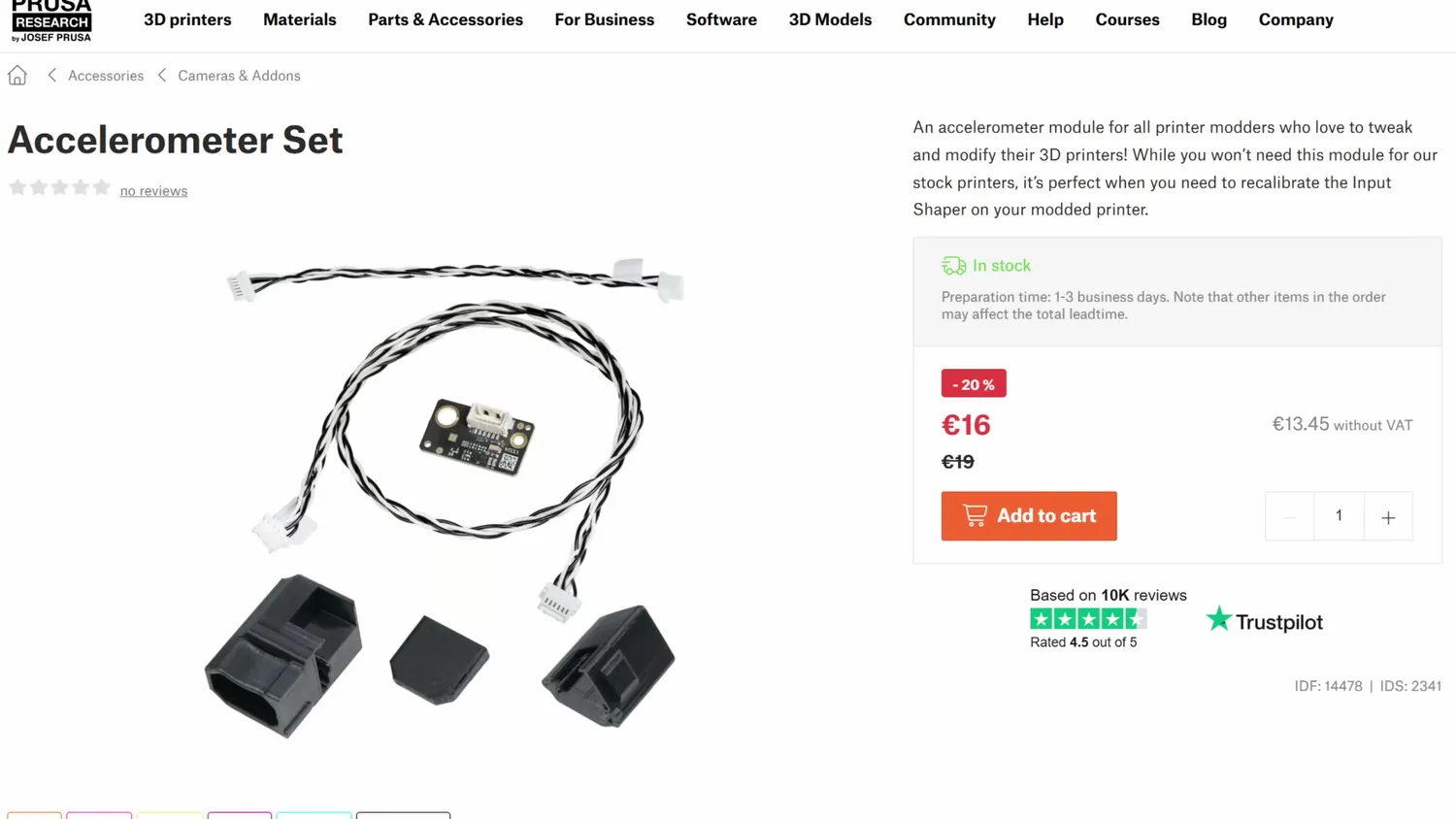 The Prusa e-shop listing for the Accelerometer Set at €16