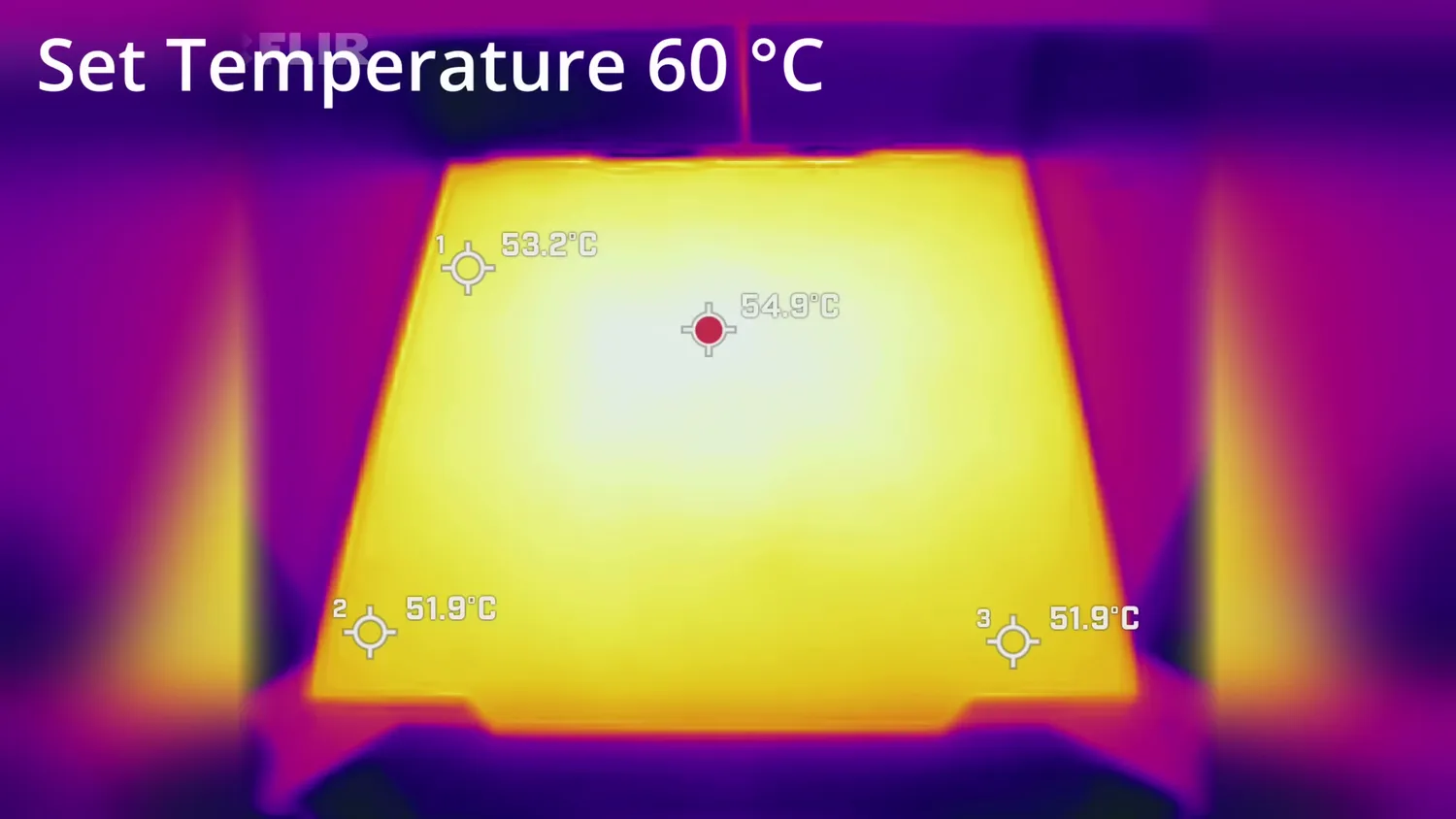 Thermal image of the heatbed set to 60 °C, showing an even spread across the surface