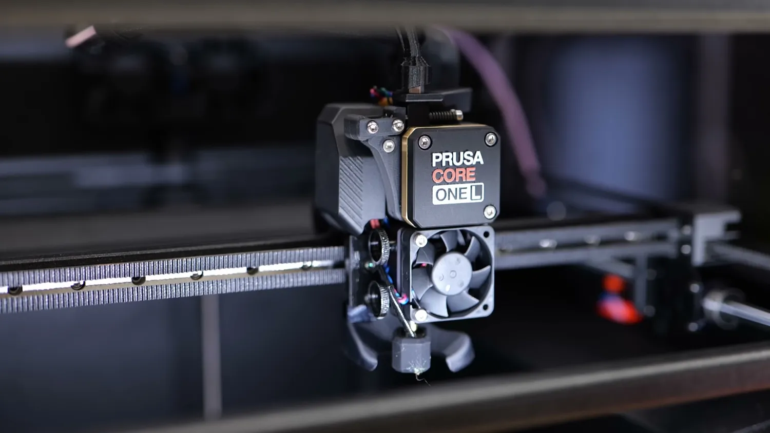 Close-up of the CORE One L printhead and its hotend