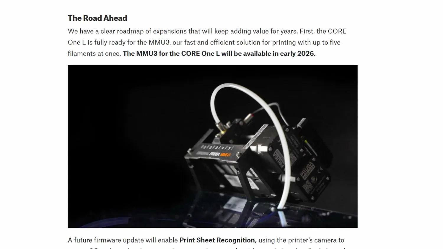 Prusa's roadmap blog post announcing the MMU3 for the CORE One L in early 2026