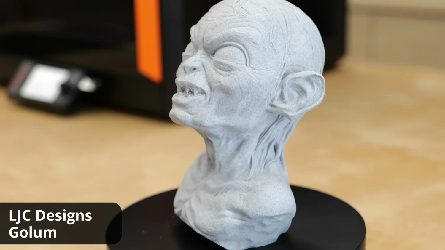 The Gollum bust printed in marble PLA, its stone-like texture hiding small defects