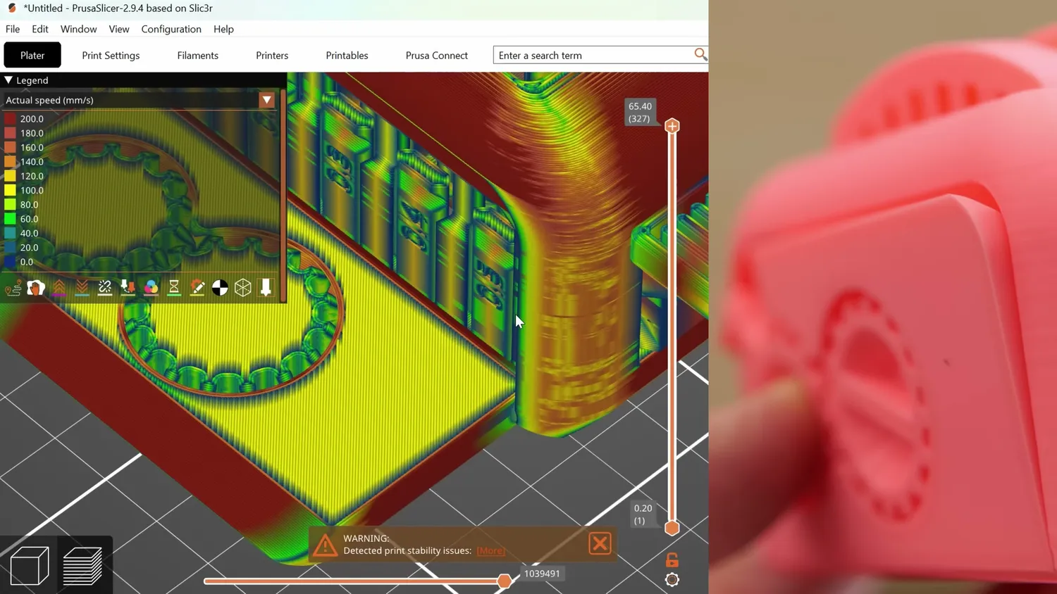 PrusaSlicer's Actual Speed view of the Torture Toaster next to the printed part