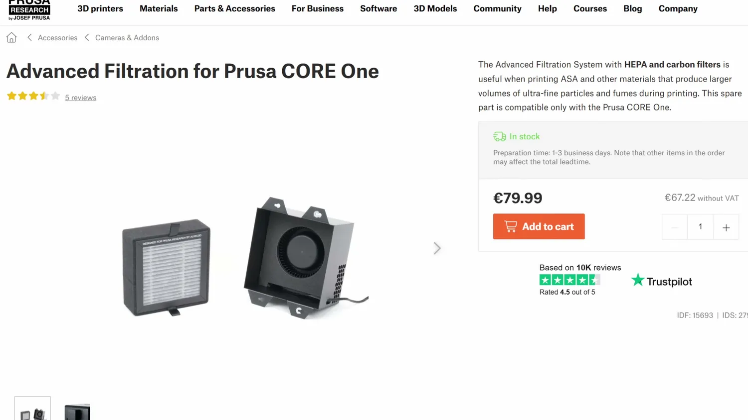 The Prusa e-shop listing for the Advanced Filtration for Prusa CORE One at €79.99