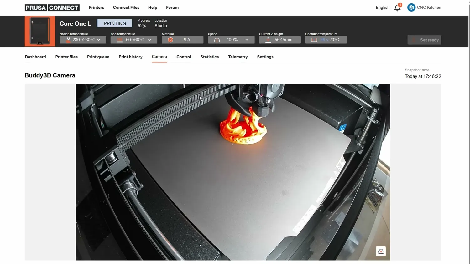 The Prusa Connect web interface showing the CORE One L printing, with its chamber camera view