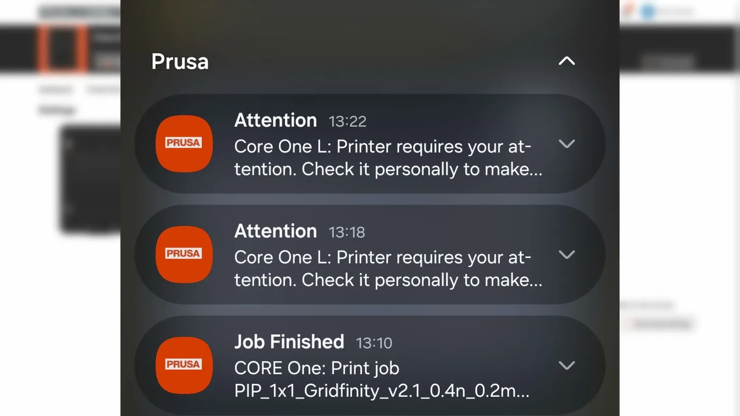 Phone notifications from the Prusa app repeating "Printer requires your attention"